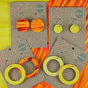 Reversible Circle Recycled Paper Earrings - Orange Swipe / Yellow Stripe