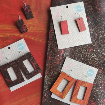 Reversible Rectangle Recycled Paper Earrings - Black & Gold / Maroon