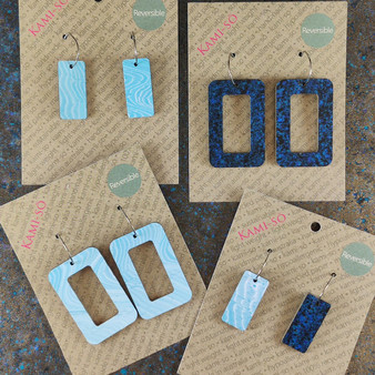 Reversible Rectangle Recycled Paper Earrings - Dark Blue Speckle / Light Blue Swirl