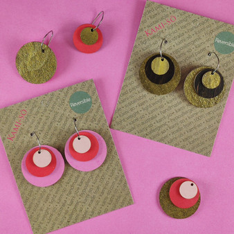 Reverse-A-Tile Expanding Circle Recycled Paper Earrings - Gold & Black / Blush, Red & Pink