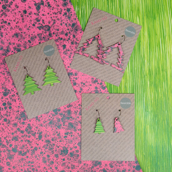 Reversible Christmas Tree Recycled Paper Earrings - Green / Pink