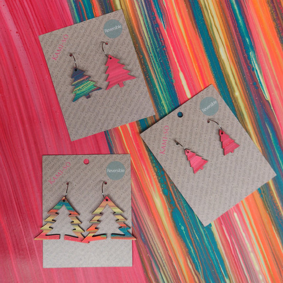 Reversible Christmas Tree Recycled Paper Earrings - Pink / Coloured Stripes