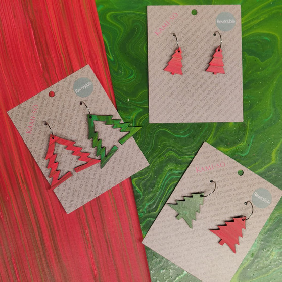 Reversible Christmas Tree Recycled Paper Earrings - Red Stripes / Green