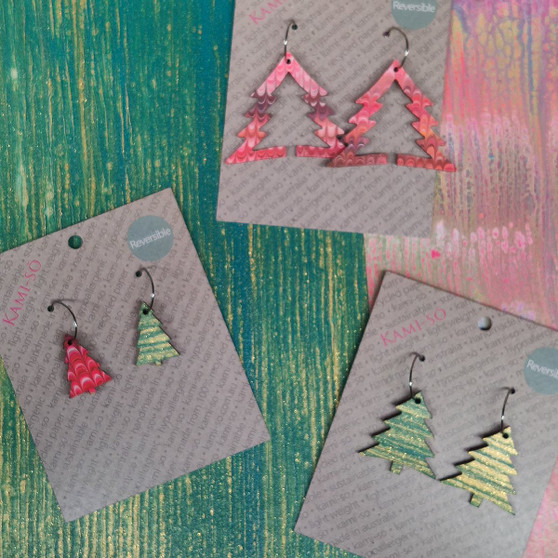 Reversible Christmas Tree Recycled Paper Earrings - Teal & Gold Stripes / Pink Pattern