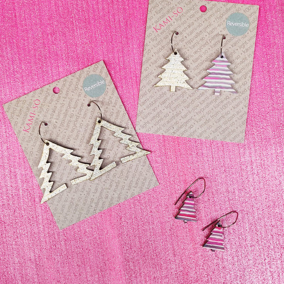 Reversible Christmas Tree Recycled Paper Earrings - Pink & White Stripes / Silver Sparkle