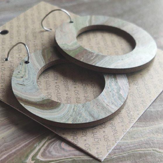 Reversible Circle Recycled Paper Earrings - Turquoise Blue / Grey Brown