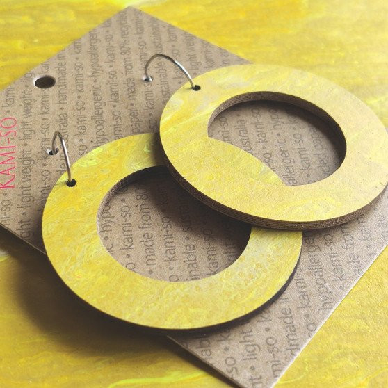 Reversible Circle Recycled Paper Earrings - Yellow / Brown
