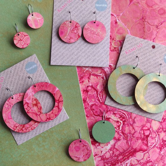 Reversible Circle Recycled Paper Earrings - Pink / Green & Gold