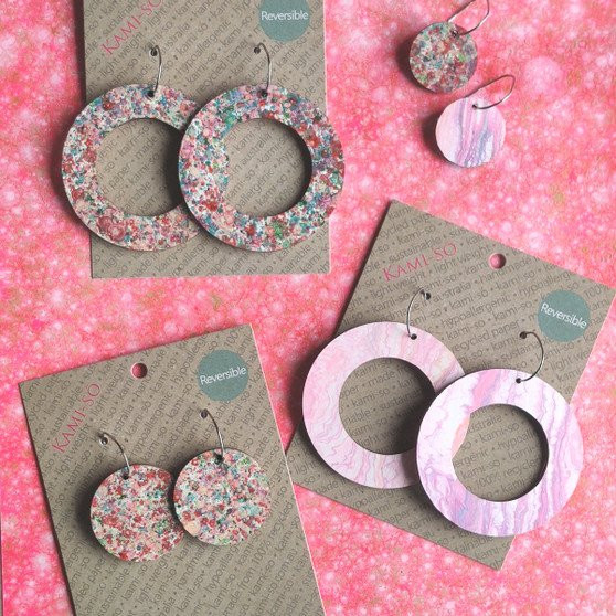 Reversible Circle Recycled Paper Earrings - Pink & White / Speckle