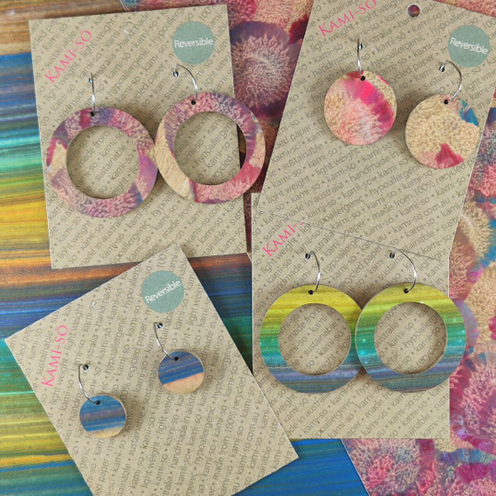 Reversible Circle Recycled Paper Earrings - Plum, Grey & Blue / Multicolour Stripes