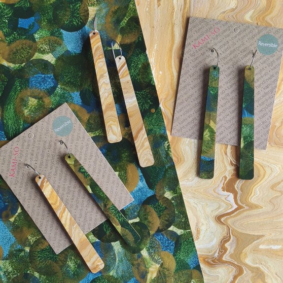 Reversible Paddle Recycled Paper Earrings - Green, Blue & Gold / Tan