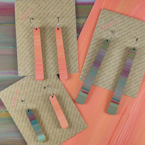 Reversible Paddle Recycled Paper Earrings - Muted Multicolour Stripes / Peach Stripes