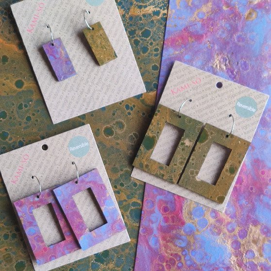Reversible Rectangle Recycled Paper Earrings - Purple / Gold & Green