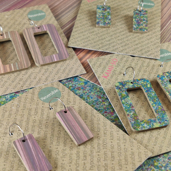 Reversible Rectangle Recycled Paper Earrings - Violet Multicolour Stripe / Blue Green Speckle