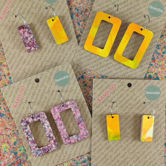 Reversible Rectangle Recycled Paper Earrings - Citrus / Grape Speckle