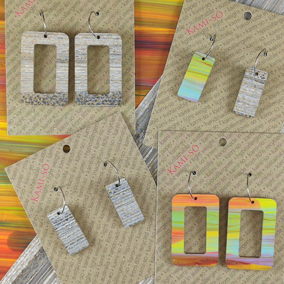 Reversible Rectangle Recycled Paper Earrings - Multicolour Stripe / Grey & Gold