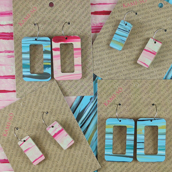 Reversible Rectangle Recycled Paper Earrings - Blue Swipe / Red Swipe