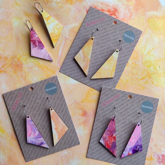 Reversible Triangle Recycled Paper Earrings - Purple & Pink / Orange