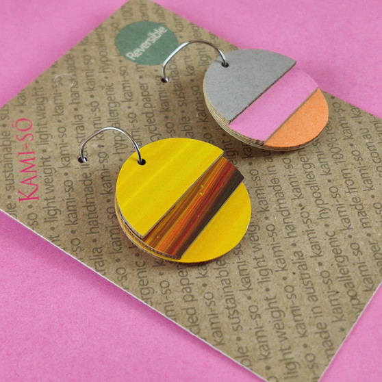 Reverse-A-Tile Fan Circle Recycled Paper Earrings - Yellow & Multicolour Stripe / Light Grey, Pink & Orange