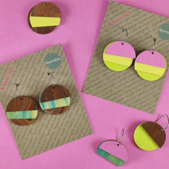 Reverse-A-Tile Fan Circle Recycled Paper Earrings - Brown & Blue / Pink, Yellow & Lime