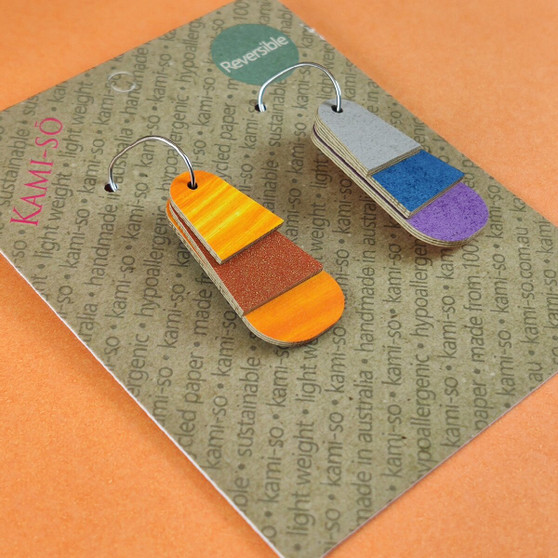Reverse-A-Tile Fan Triangle Recycled Paper Earrings - Orange & Maroon / Light Grey, Blue & Purple