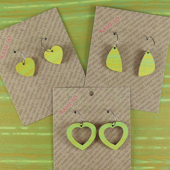 Mini Recycled Paper Earrings - Green & Gold Stripe