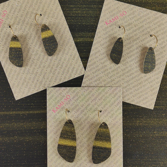 Oval Recycled Paper Earrings - Black & Gold Stripe