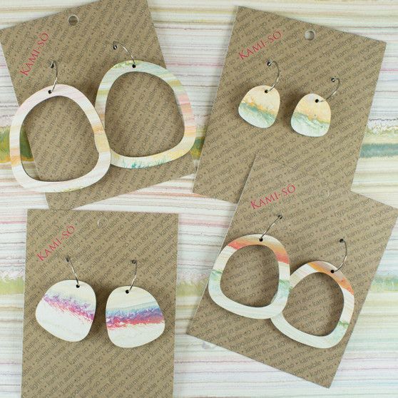 Square Recycled Paper Earrings - White & Coloured Stripes