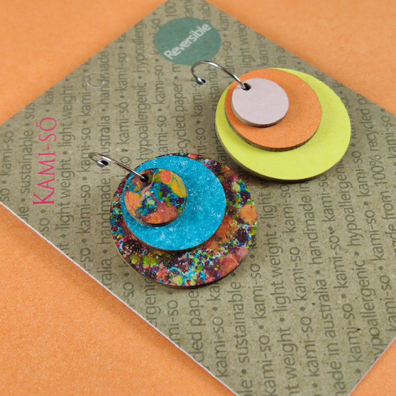 Reverse-A-Tile Expanding Circle Recycled Paper Earrings - Multicolour & Blue Speckle / Blush, Orange & Yellow