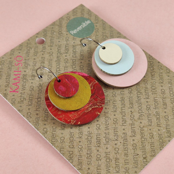 Reverse-A-Tile Expanding Circle Recycled Paper Earrings - Dark Red & Gold / Cream, Pale Blue & Blush