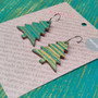 Reversible Christmas Tree Recycled Paper Earrings - Teal & Gold Stripes / Pink Pattern