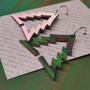 Reversible Christmas Tree Recycled Paper Earrings - Green Stripes / Pink Pattern