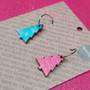 Reversible Christmas Tree Recycled Paper Earrings - Blue & White / Pink Sparkle