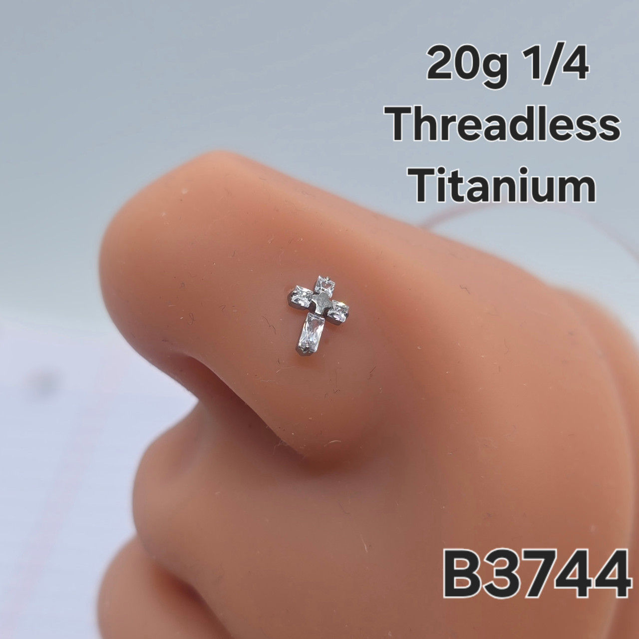 20g Titanium Silver Cross CZ Threadless 1/4 Nose Labret Ring Stud