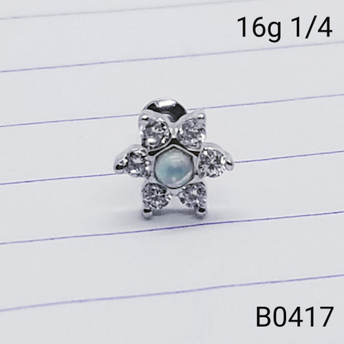 16g Silver White Opal CZ Flower 1/4 Labret Ring