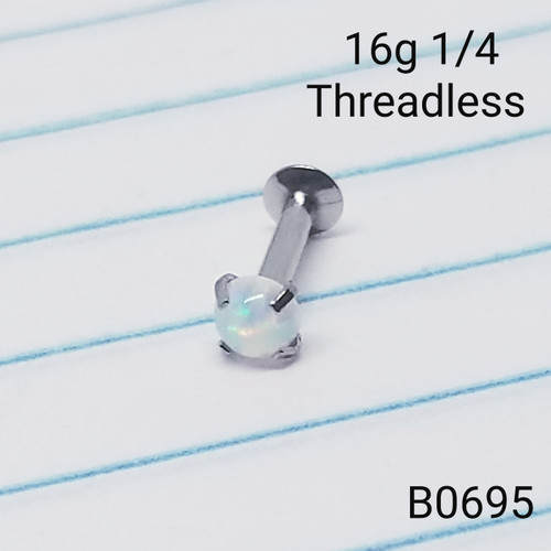 16g Silver White Opal Threadless Short Labret Ring