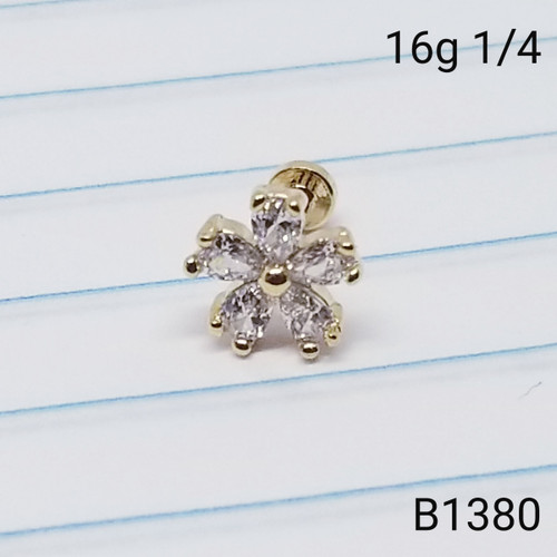 16g Gold CZ Pear Flower Short 1/4 Labret Ring