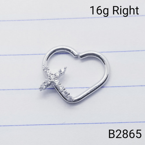 16g Silver Heart Cross CZ Right Ear 3/8 Hoop Daith Ring