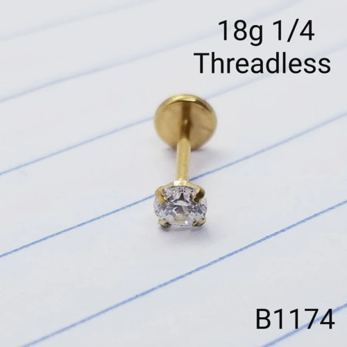18g  Gold 3mm Round CZ Threadless 1/4 Labret Ring