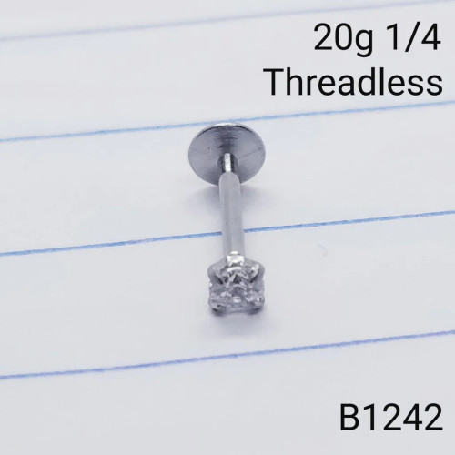 20g Silver 2mm CZ Threadless 1/4 Nose Labret B1242