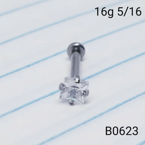 16g Silver Stainless 3mm Square CZ 5/16 Labret Ring B0623