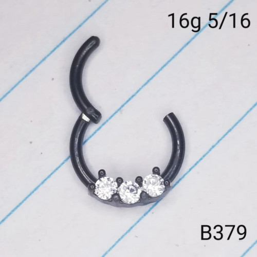 16g Black 3 CZ Hinged Hoop Seamless Ring
