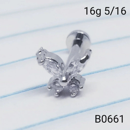 16g Silver Butterfly CZ Labret Ring