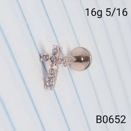 16g Rose Gold Cross CZ Labret Ring