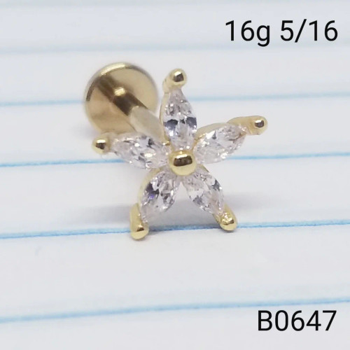 16g Gold 5CZ Flower Labret Ring