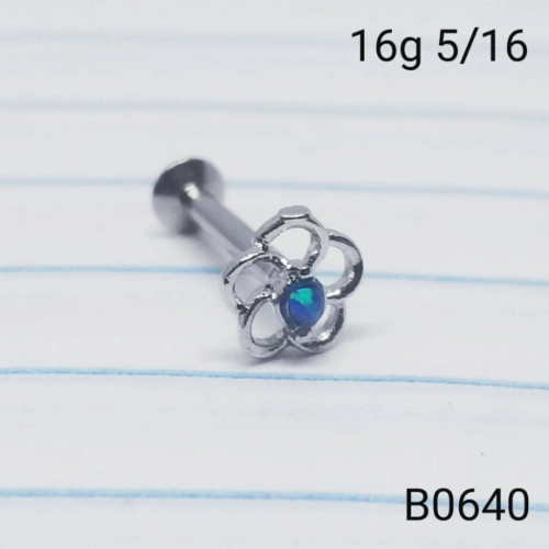 16g Silver Hollow Blue Opal Flower Labret Ring