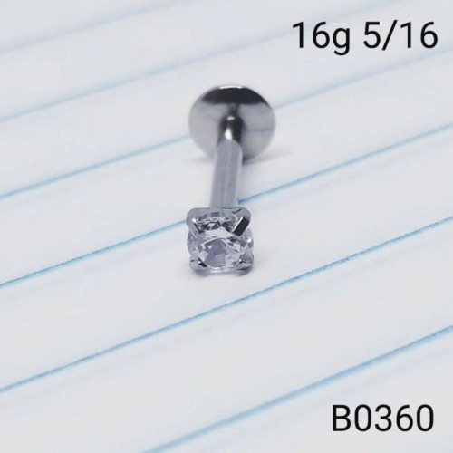 16g Silver 3mm Round CZ 5/16 Labret Ring
