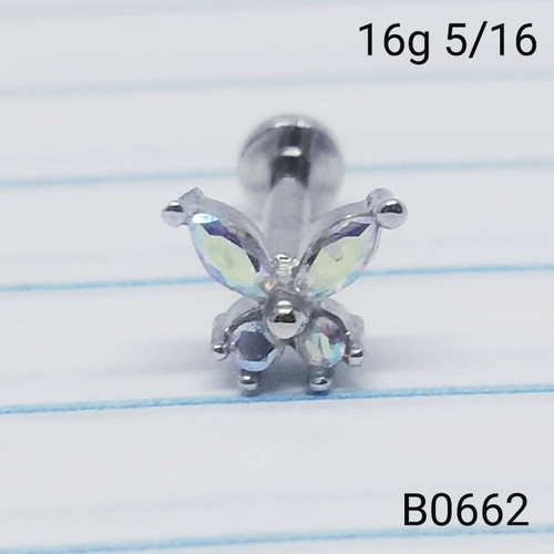 16g Silver Butterfly AB CZ 5/16 Labret Ring