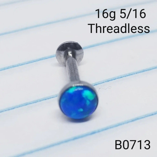 16g Silver 4mm Blue Opal Threadless 5/16 Labret Ring