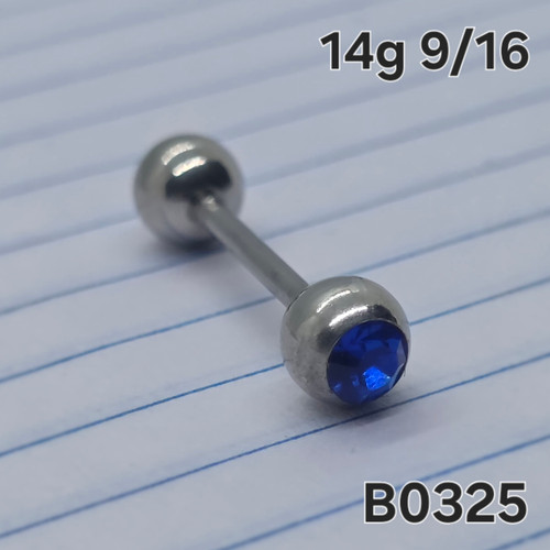 14g Stainless Blue Gem 9/16 Barbell Tongue Ring B0325